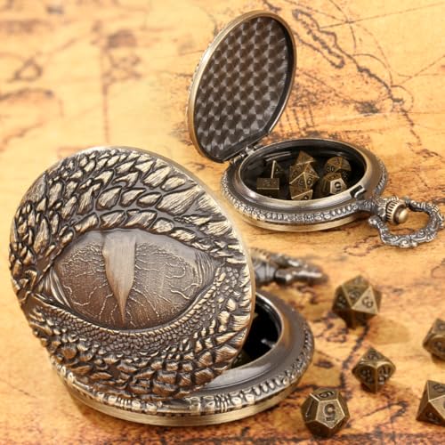 Mini DND Dice Set with Retro Dragon's eyes Pocket Watch Shell Case, DND Starter Set, 7pcs Polyhedral Mini Metal Dice Set, D&D Gifts with Gift Bag, Role Playing Board Game Accessories, Bronze - color: Bronze