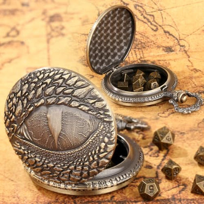 Mini DND Dice Set with Retro Dragon's eyes Pocket Watch Shell Case, DND Starter Set, 7pcs Polyhedral Mini Metal Dice Set, D&D Gifts with Gift Bag, Role Playing Board Game Accessories, Bronze - color: Bronze