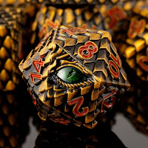 Metal Dice Set D&D,7 PCS Dragon Scale Metallic DND Dice Set,Dragon Eye Metal Dice with Gift Metal Box for Dungeons and Dragon Tabletop Game (Yellow Dragon Scale & Green Eye) - color: Yellow Dragon Scale & Green Eye