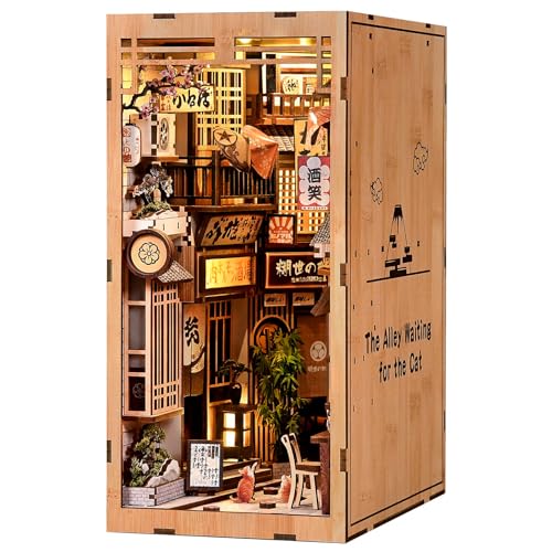 Book Nook Kit - DIY Miniature Dollhouse Kit, Japanese Style 3D Wooden Puzzle with LED Lights for Adults and Teens, Tiny House Bookshelf Decor, Gifts for Family and Friends - style: Alley of Awaiting Cats
