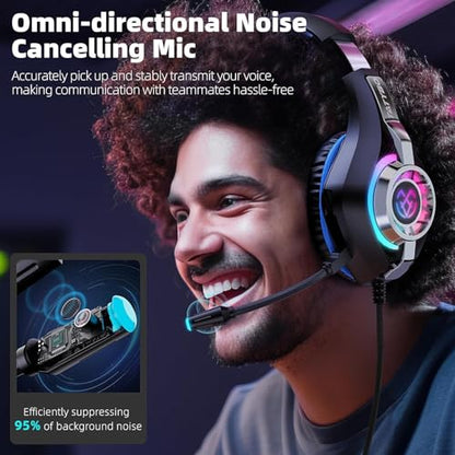 Tatybo Gaming Headset for PS5 PC, Noise Canceling Mic, RGB, Black Blue | Over Ear, Deep Bass Stereo Sound for FPS, Battle Royale, Lightweight Headset for Xbox, PS4, Mobile, Nintendo, 3.5mm devices - color: Black Blue
