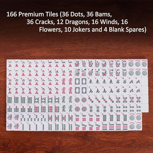 American Mahjong Game Set, 166 White Tiles, 4 All-in-One Color Rack/Pushers, Complete Mahjong Tile Set Red Printed Carrying Bag - color: Red