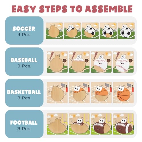 Wooden Sports Puzzles for Toddlers 2-4 | Wood Puzzles for Kids, Toddler Sports Toys for Toddlers, Basketball Toy, Football Toys, Baseball Toy, Soccer Toddler 2 3 Year Old Boy