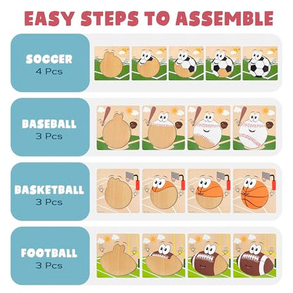 Wooden Sports Puzzles for Toddlers 2-4 | Wood Puzzles for Kids, Toddler Sports Toys for Toddlers, Basketball Toy, Football Toys, Baseball Toy, Soccer Toddler 2 3 Year Old Boy