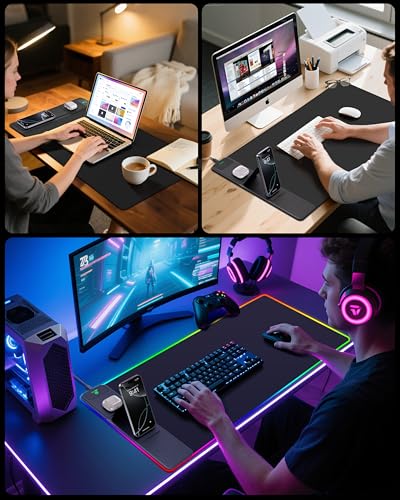 Wireless Charging Mouse Pad with Phone Stand, 31.5"x15.8" Large | Gaming Mousepad RGB Desk Mat, Smooth Glide, Stitched Edge, Non-Slip Rubber Base, Waterproof Keyboard Mat, with Adatper - color: RGB-Stand-Adatper