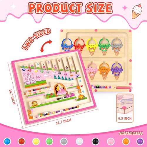 wakeInsa 2 in 1 Magnetic Color and Number Maze,Montessori Toy for Toddler Girls,Wooden Magnet Balls Puzzles,Toddler Busy Board Game,Preschool Learning Activities (Princess & Ice Cream) - style: 2 in 1-Princess & Ice Cream