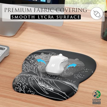 MROCO Ergonomic Mouse Pad with Gel Wrist Rest, 9.4 x 8.1 in, Kanagawa Wave | Ergonomic Shape Design, Multiple Pattern Options, Gel Wrist Comfort, Smooth Lycra Surface, Non-Slip PU Base - color: Kanagawa Wave