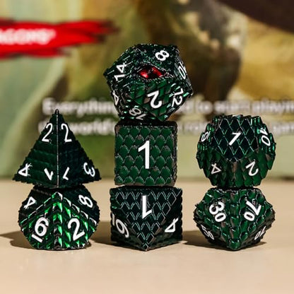 Metal Dice Set D&D,7 PCS Dragon Scale Metallic DND Dice Set,Dragon Eye Metal Dice with Grogeous Gift Case for Dungeons and Dragon Tabletop Game (Dark Green Dragon Scale & Red Eye) - color: Dark Green Dragon Scale & Red Eye