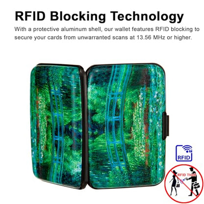 Credit Card Holder Small RFID Blocking Wallet Business Metal Slim Mini Aluminum Hard Case for Women Men - color: Japanese Bridge and Water Lily Pond