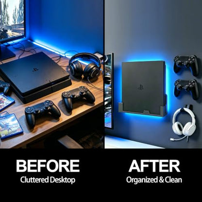 Wall Mount for PS4 Slim with 2 Detachable Controller Holder and 1 Headphone Stand, PS4 Accessories,Compatible with PlayStation 4 Slim(Mounts PS4 Slim by TV)