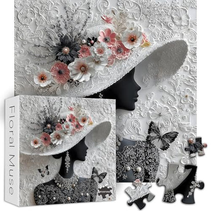 Impossible Puzzles for Adults 1000 Pieces,PICKFORU Floral Muse Puzzle Elegant Lady,Beauty Flower Woman Puzzle Black and White Pearl,Hard Challenge Jigsaw Puzzles Aesthetic - style: Floral Muse Puzzle