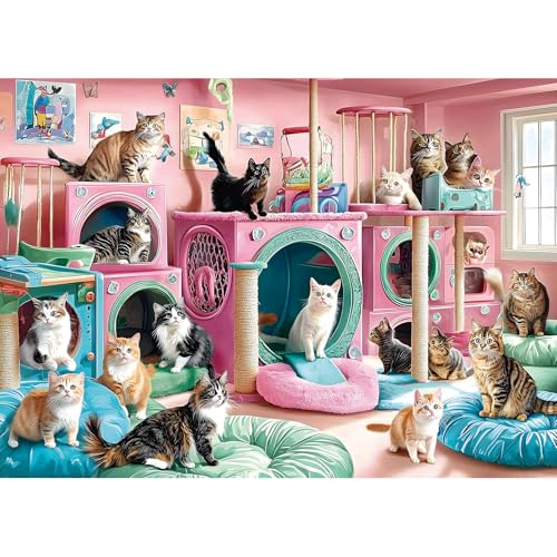 Cat Paradise 1000 Piece Puzzle for Adults Playful Kittys in Pink Playroom Jigsaw Puzzle Vibrant Colorful Cat Play Area Family Challenging Fun Animal Puzzle Gift for Adult Game Night - color: Colorful Cat Paradise