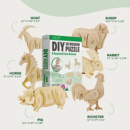 Hands Craft DIY 3D Wooden Puzzle – 6 Assorted Farm Animals Bundle Pack Set Brain Teaser Puzzles Educational STEM Toy Adults and Kids to Build Safe and Non-Toxic Easy Punch Out Premium Wood JP2B7 - color: Farm Animals