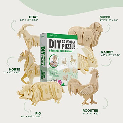 Hands Craft DIY 3D Wooden Puzzle – 6 Assorted Farm Animals Bundle Pack Set Brain Teaser Puzzles Educational STEM Toy Adults and Kids to Build Safe and Non-Toxic Easy Punch Out Premium Wood JP2B7 - color: Farm Animals