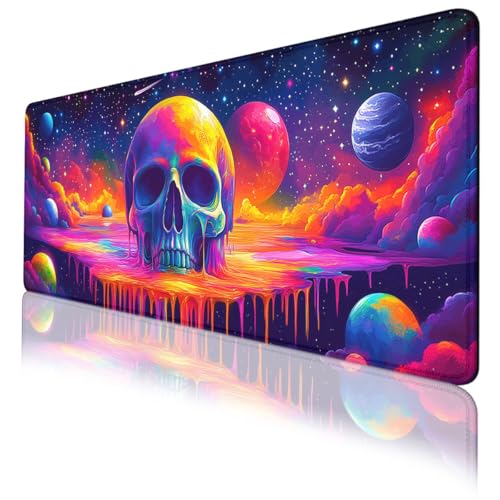 Skull Gaming Mouse Pad Colorful Neon Space Planet Star Rainbow Extended Mousepad Waterproof Stitched Edges Rubber Base Non-Slip Deskmap Computer Keyboard Mat 31.5"x11.8" - color: Skull, size: 31.5L x 31.5W inches