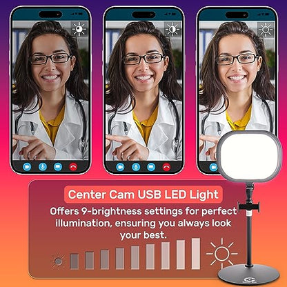Camera Light for Computer - Video Conference Lighting, Podcast Lighting, Light for Zoom, Microsoft Teams, Streaming Twitch, Continuity Camera, Standing USB LED Ring Light - Center Cam