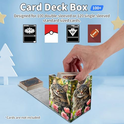 Card Deck Box for MTG Commander,Collectible Trading Storage Box Fits 120+ Single Sleeved Cards Magnetic Case PU Leather for Magic Commander TCG CCG MTG,Cute Cat Flower - color: Cute Cat Flower