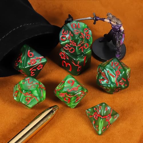 CiaraQ 7pcs Polyhedral Dice Set for Dungeon and Dragons MTG Table Games | Acrylic Role Playing Dice for D&D with Black Velvet Bag – Green Pearl with Red Numbers & Plum Blossom Patterns - color: Green and Red Floral Dice