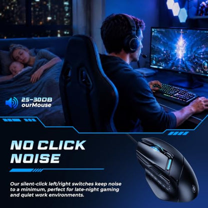Uineer Wired Gaming Mouse, 7200 DPI, 6 Programmable Buttons, RGB Lighting | 6 programmable buttons, adjustable 7200 DPI, RGB lighting and quiet clicks for work or gaming.