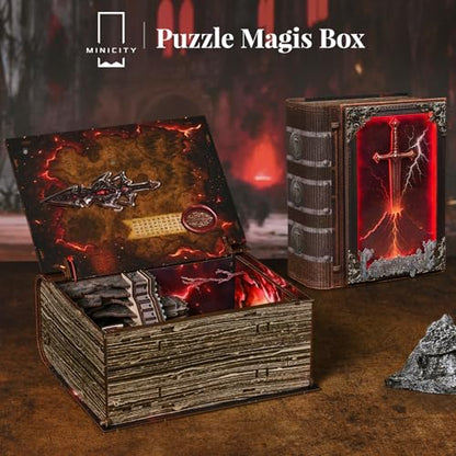 MiniCity Sword of Fire Book Nook Kit, 3D Wooden Bookshelf Puzzle with LED | 255-piece book-style DIY kit with LED and dust cover; glue/tools and guide included; 4-6 hr build for shelf decor, ages 14+. - style: The Sword of Fire