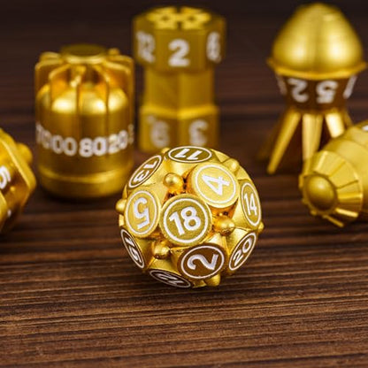 UDIXI Metal RPG Dice Set, 7PCS Bomb Polyhedral Metal Dice Set D&D Gold | Bomb Shape, Solid Metal, Leather Pouch Pakaging, Cool Design, for Dungeons and Dragons Role Playing Games Tabletop Game - color: Golden White