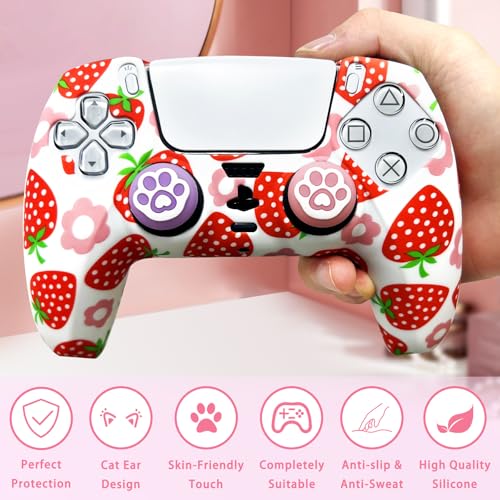 Strawberry Silicone Cover for PS5 Controller - Anti-Slip Protective Skin Grip with 2 Thumb Caps | Cute Pink Kawaii Gaming Accessory (Soft Touch, Washable) - color: Pink Strawberry