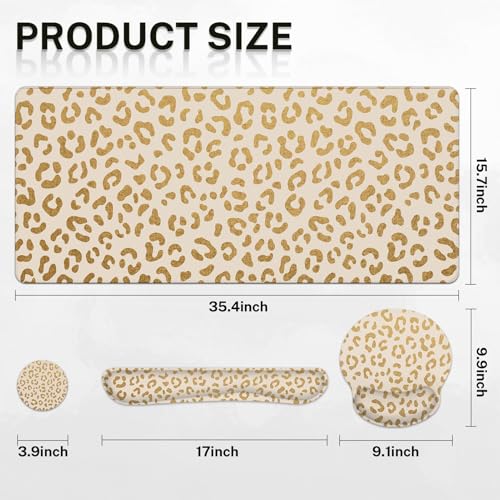 Arttown Keyboard Mouse Pad Set, 4 in 1 Desk Mat Set Leopard Gold | Cheetah Animal Print Large Mousepad+Keyboard Wrist Rest+Mouse Wrist Rest+Coaster Ergonomic Design for Home Office Computer - color: Gold Leopard