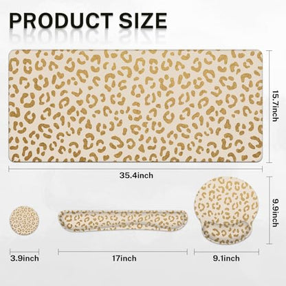Arttown Keyboard Mouse Pad Set, 4 in 1 Desk Mat Set Leopard Gold | Cheetah Animal Print Large Mousepad+Keyboard Wrist Rest+Mouse Wrist Rest+Coaster Ergonomic Design for Home Office Computer - color: Gold Leopard