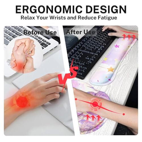 Arttown Keyboard Mouse Pad Set, 4 in 1 Desk Mat Set Pink Castle | Star Ribbons Large Mousepad+Keyboard Wrist Rest+Mouse Wrist Rest+Coaster Ergonomic Design for Home Office Computer - color: Pink Castle
