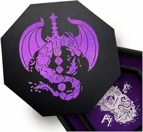 Fantasydice Dragon Dice Tray with Lid, 9 Inch Octagon Dice Rolling Tray for DND and RPG, Vegan Leather Dice Tray with Felt Lining and Dice Staging Area (Purple Dragon Sword) - color: Purple Dragon Sword
