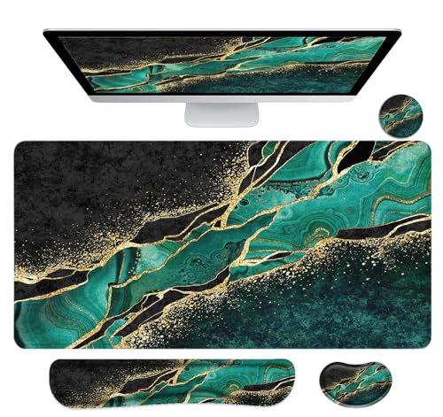 Large Mouse Pad with Wrist Rest, 4-in-1 Wrist Rest for Keyboard and Mouse | Non-Slip Waterproof Desk Mat Set, 35.4"x15.7" Desk Mat+Keyboard Wrist Rest+Mouse Wrist Support+Cup Coaster for Home Office - color: 4Pcs-Gold Green Marble