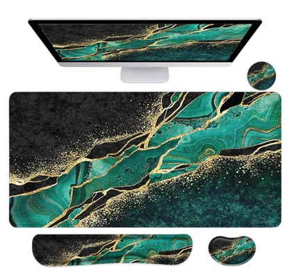 Large Mouse Pad with Wrist Rest, 4-in-1 Wrist Rest for Keyboard and Mouse | Non-Slip Waterproof Desk Mat Set, 35.4"x15.7" Desk Mat+Keyboard Wrist Rest+Mouse Wrist Support+Cup Coaster for Home Office - color: 4Pcs-Gold Green Marble