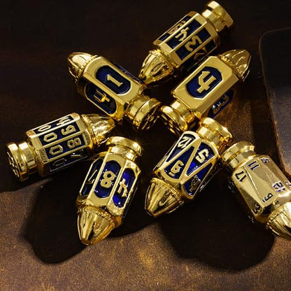 UDIXI Metal DND Bullet Dice Set, D&D Bullet Polyhedral Dice Set Golden Blue | Cool Design, Magazines Container and PU Leather Bag, for Dungeons and Dragons Role Playing Games and Tabletop Games RPG - color: Golden Blue