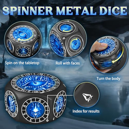 ZHOORQI 8-in-1 DND Dice Set – Metal Spinner Dice with Dual D20, 3D Monster Engravings & Smooth Spinning – Perfect for TTRPG, D and D Dungeons and Dragons Gifts(Black Dice- Blue) - color: Black Blue