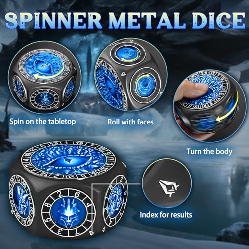 ZHOORQI 8-in-1 DND Dice Set – Metal Spinner Dice with Dual D20, 3D Monster Engravings & Smooth Spinning – Perfect for TTRPG, D and D Dungeons and Dragons Gifts(Black Dice- Blue) - color: Black Blue