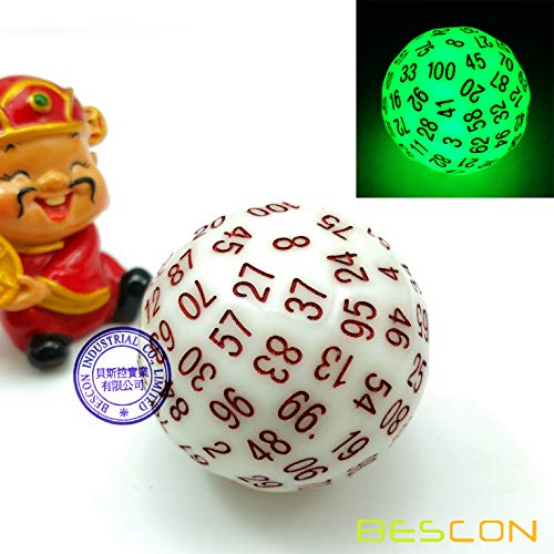 Bescon Super Jade Glow in Dark Polyhedral Dice 100 Sides, Luminous D100 die, 100 Sided Cube, Glowing D100 Game Dice - color: Jade Glowing
