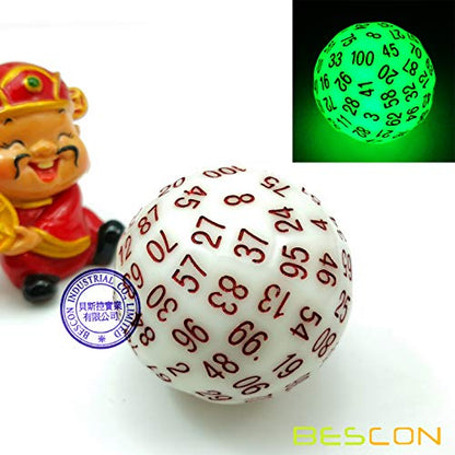 Bescon Super Jade Glow in Dark Polyhedral Dice 100 Sides, Luminous D100 die, 100 Sided Cube, Glowing D100 Game Dice - color: Jade Glowing