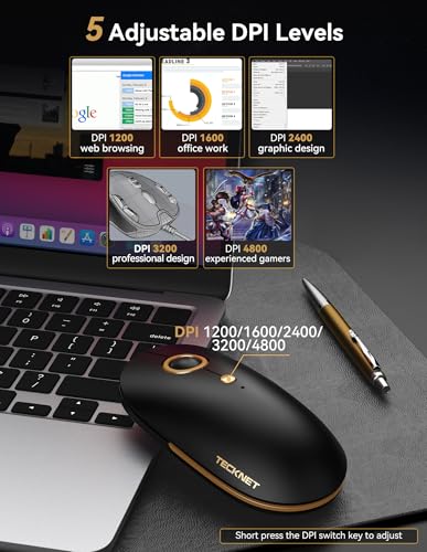 TECKNET Wireless Mouse, 2.4G Computer Mouse for Laptop, 4800 DPI Silent Mouse with USB Receiver, Slim Portable Travel Mouse Compatible with MacOS Windows Android PC Chromebook, 18 Months Battery Life - color: Black Gold