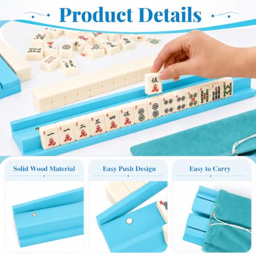 5Pcs Mahjong Racks with Pushers Wooden American Mahjong Tile Pushers and Racks Set with Mah Jong Rack Drawstring Bag Mah Jong Accessories for Players Gifts Home Game Night Party Supplies (Teal Blue) - color: Aqua Blue