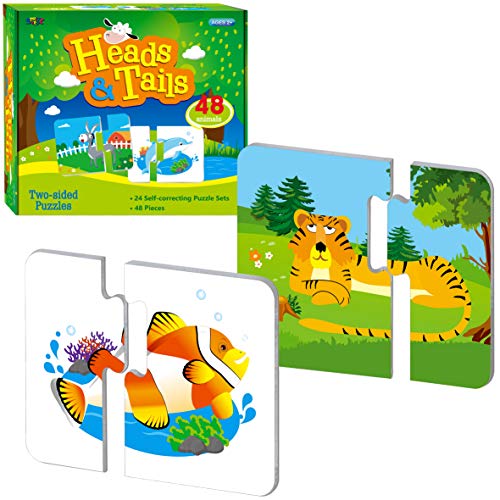48 Animal Matching Puzzles with Error-Correction Mechanism Pre-Primer in 2 Pieces, Perfect for Preschool Learning (24 Blocks Double Sided) - style: Animal-A