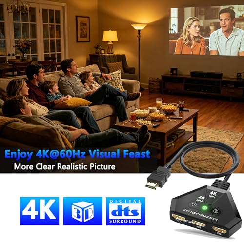 HDMI Switch 3 in 1 Out, 4K@60Hz HDMI Switcher with Gold Plated Ports, Plug & Play, Supports Full HD 1080P 3D Compatible with Roku TV Stick HDTV PS4/PS5 Xbox, Ideal for Home Theater, Gaming, Streaming