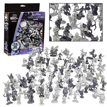 Monster Fantasy Creature Mini Action Figure Playset - 98pcs Toy Miniatures w 14 Unique Designs - Dragons, Wizards, Orcs, & More- XL 1/32 Scale Compatible with Dungeons and Dragons and Other RPG Games
