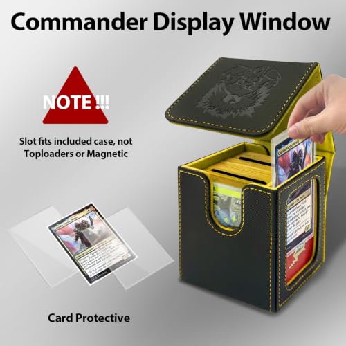 MTG Deck Box with Commander Display,Magnetic Card Storage Box Fits 100 Double Sleeved Cards,with 2 Dividers And 1 Mini Snap Card Holder Black/Yellow - color: Black/Yellow