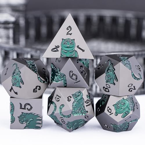 Metal DND Cat Dice 7PCS Polyhedral RPG Dice Set with Gift Case for Dungeons Dragons Role Playing Game, D and D Dice D6 D8 D10 D12 D20 D% (Grey Green) - color: Cat-grey Green