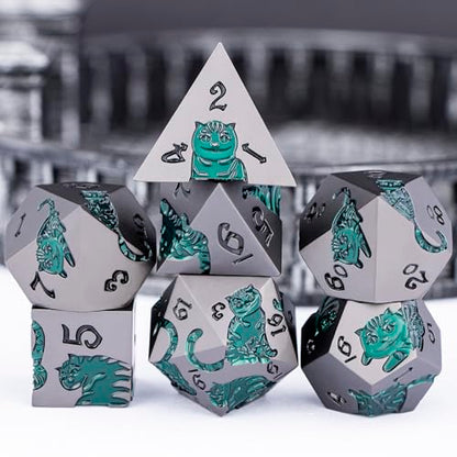 Metal DND Cat Dice 7PCS Polyhedral RPG Dice Set with Gift Case for Dungeons Dragons Role Playing Game, D and D Dice D6 D8 D10 D12 D20 D% (Grey Green) - color: Cat-grey Green