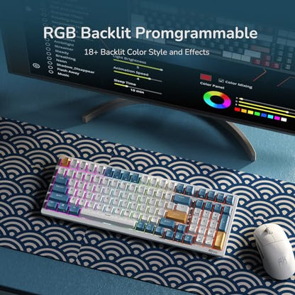 RK ROYAL KLUDGE RK98 Wireless Mechanical Keyboard, 100 Keys 98% Layout with Custom Switches Hot Swappable, Tri-Mode BT5.1/2.4G/USB-C Full Size Gaming Keyboard with Numpad RGB, Brown Switch - color: White, size: Hot Swap Brown Switch