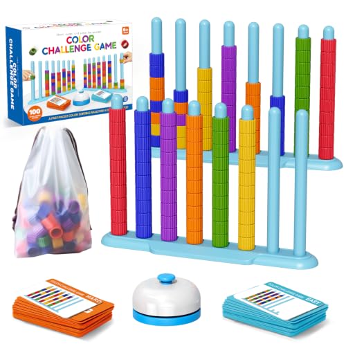 Color Challenge Game – 2 Pack Color Matching Game for Family Game Night and Parties, Board Games for Kids 6-8-12 & Adults, Stacking Game with 2 Stack Racks, 100 Cards, 120 Rings, Bell, Storage Bag‌ - color: Sky Blue