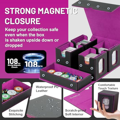 Trading Card Storage Box with Commander Display for MTG, TCG, Sports Cards, 5-in-1 Card Deck Box, Holds 450+ Double-Sleeved Cards, 4 Individual Deck Cases with Covers, Dice Tray & Magnetic Holders - color: Black & Purple