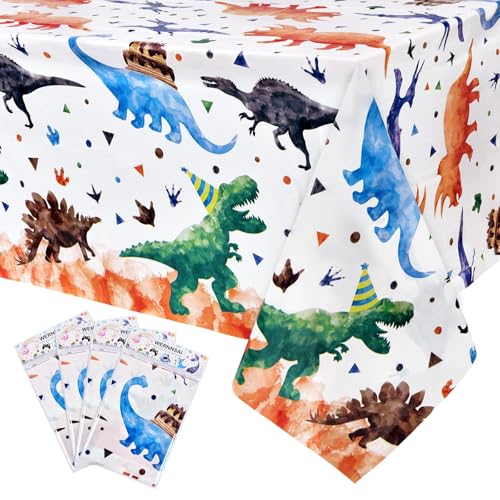 WERNNSAI Dinosaur Tablecloth - 4 Pack 108"x54" Dino Table Cover | Three Rex Birthday Party Decorations, Watercolor Dinosaur Plastic Table Cloth for Kids Boys Baby Shower - color: Multi Color