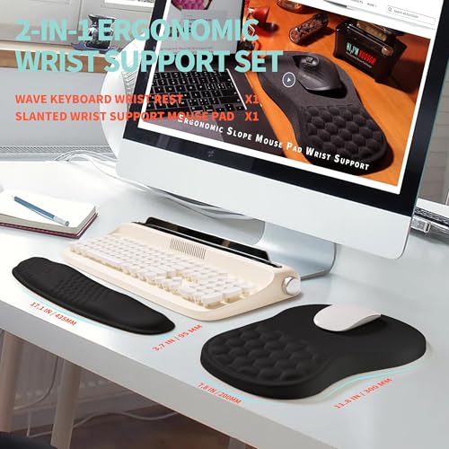 2-in-1 Ergonomic Set, Wave Rise Keyboard Wrist Rest and Massage Bulge Slope Mouse Pad Wrist Support, Cushion Memory Foam Integrated to Relieve Wrist Pain, Black - color: Black